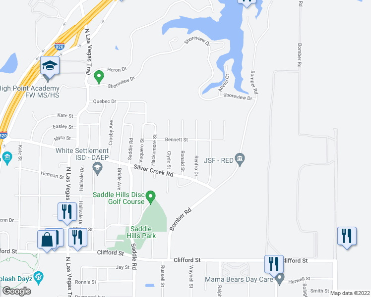 map of restaurants, bars, coffee shops, grocery stores, and more near 822 Ronald Street in Fort Worth