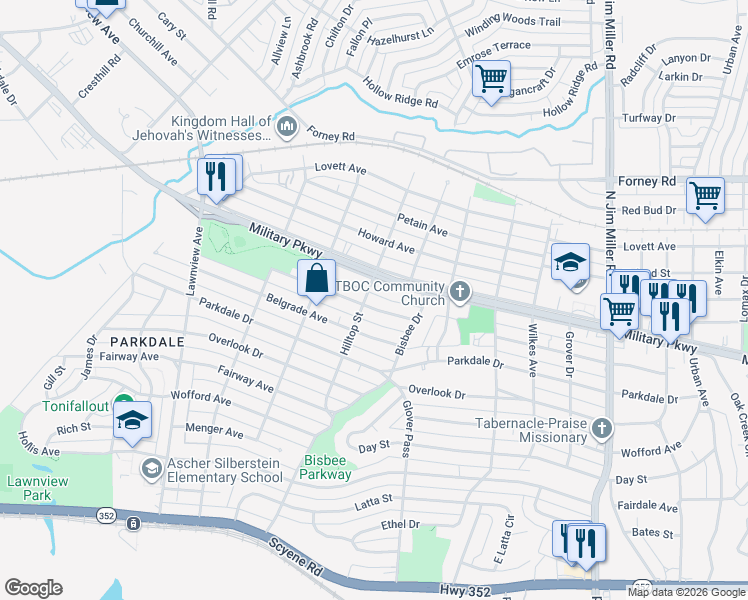 map of restaurants, bars, coffee shops, grocery stores, and more near 6323 Power Drive in Dallas