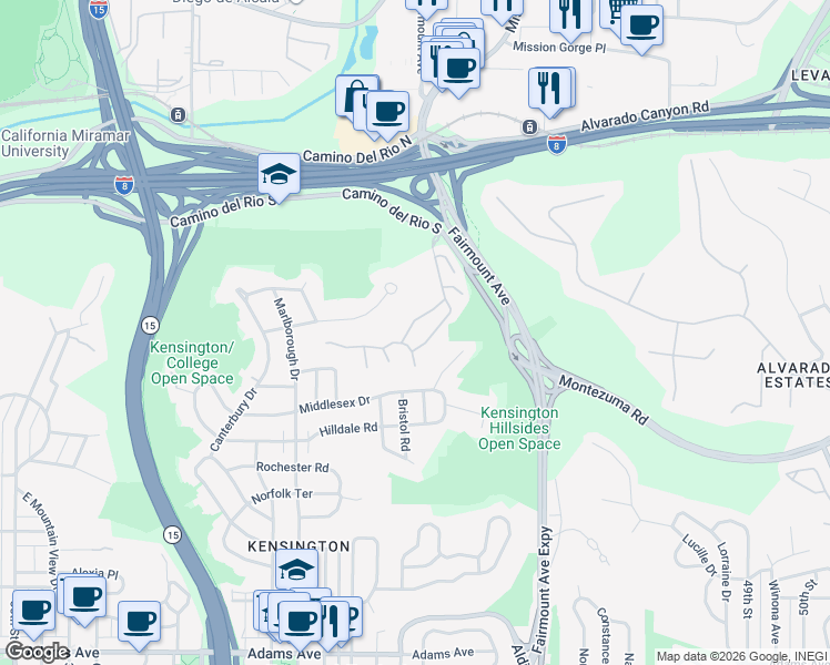 map of restaurants, bars, coffee shops, grocery stores, and more near 4309 Caminito Pintoresco in San Diego