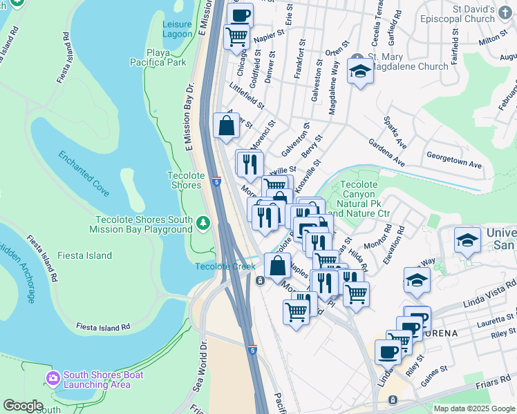 map of restaurants, bars, coffee shops, grocery stores, and more near 1476 Morena Boulevard in San Diego