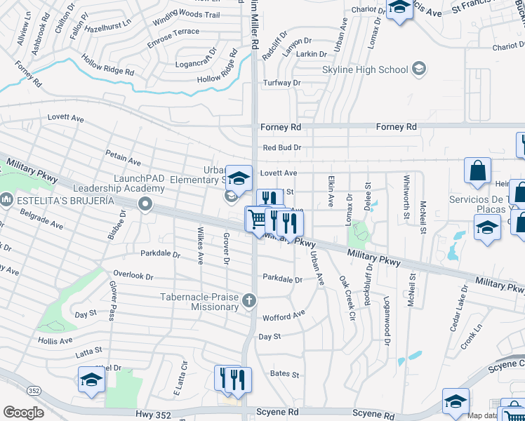 map of restaurants, bars, coffee shops, grocery stores, and more near 7024 Benning Avenue in Dallas