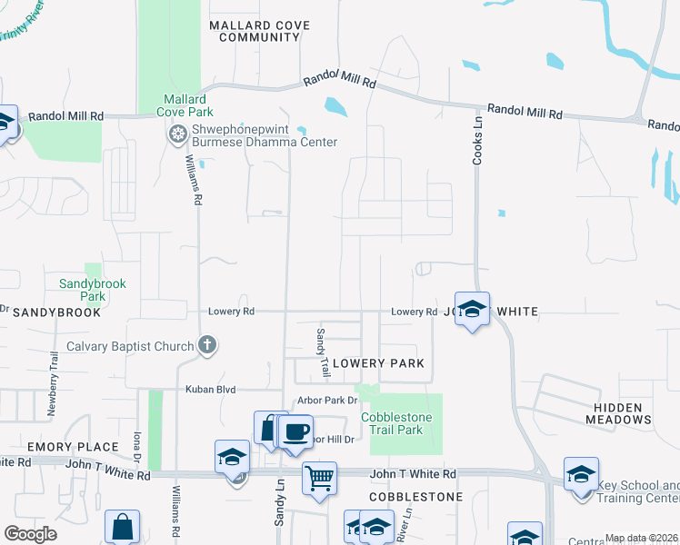 map of restaurants, bars, coffee shops, grocery stores, and more near 325 Lowery Oaks Trail in Fort Worth