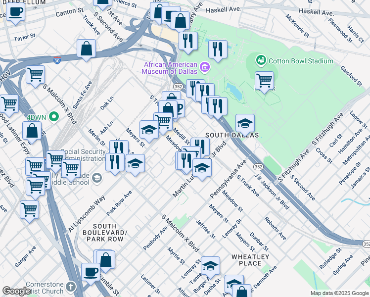 map of restaurants, bars, coffee shops, grocery stores, and more near 2820 Meadow Street in Dallas