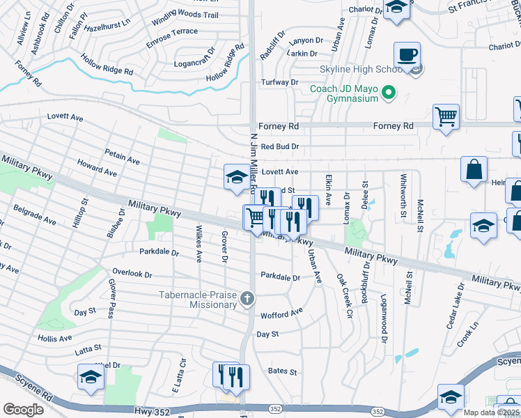 map of restaurants, bars, coffee shops, grocery stores, and more near 7007 Benning Avenue in Dallas