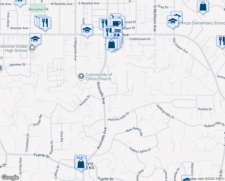 map of restaurants, bars, coffee shops, grocery stores, and more near 486 Skywood Drive in El Cajon