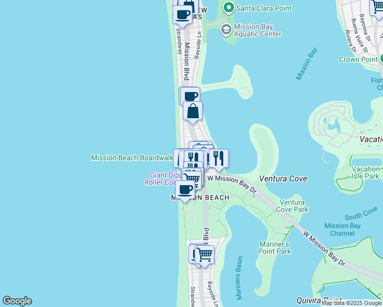 map of restaurants, bars, coffee shops, grocery stores, and more near 734 Jamaica Court in San Diego
