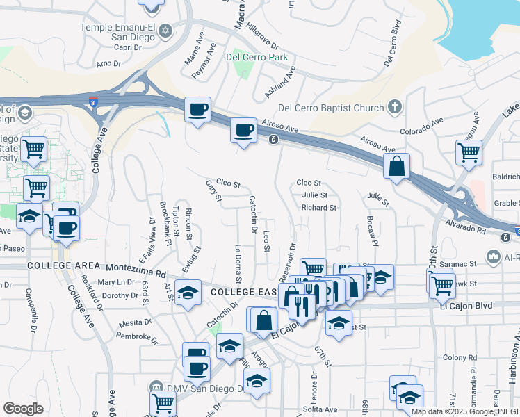 map of restaurants, bars, coffee shops, grocery stores, and more near 6544 Roxy Lane in San Diego