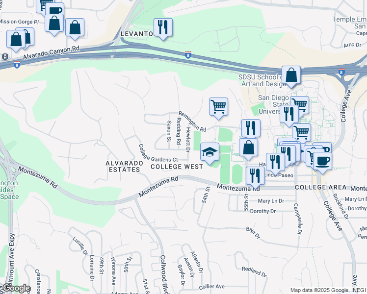 map of restaurants, bars, coffee shops, grocery stores, and more near 5265 Manhasset Drive in San Diego