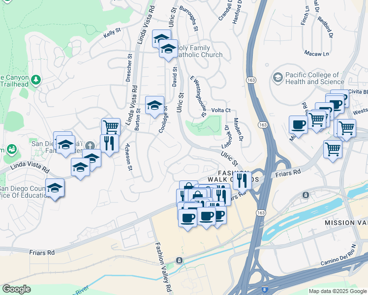 map of restaurants, bars, coffee shops, grocery stores, and more near 7039 Camino Pacheco in San Diego
