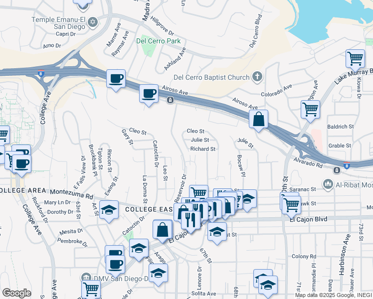 map of restaurants, bars, coffee shops, grocery stores, and more near 5212 Lenore Drive in San Diego