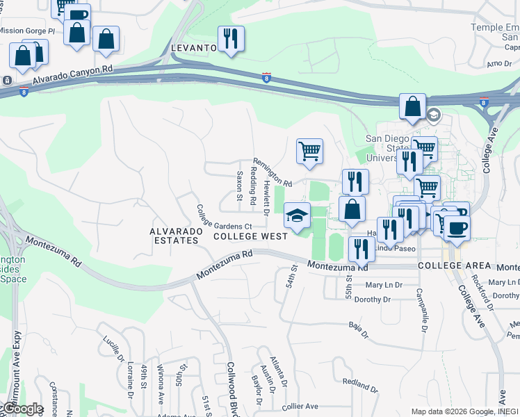 map of restaurants, bars, coffee shops, grocery stores, and more near 5265 Manhasset Drive in San Diego