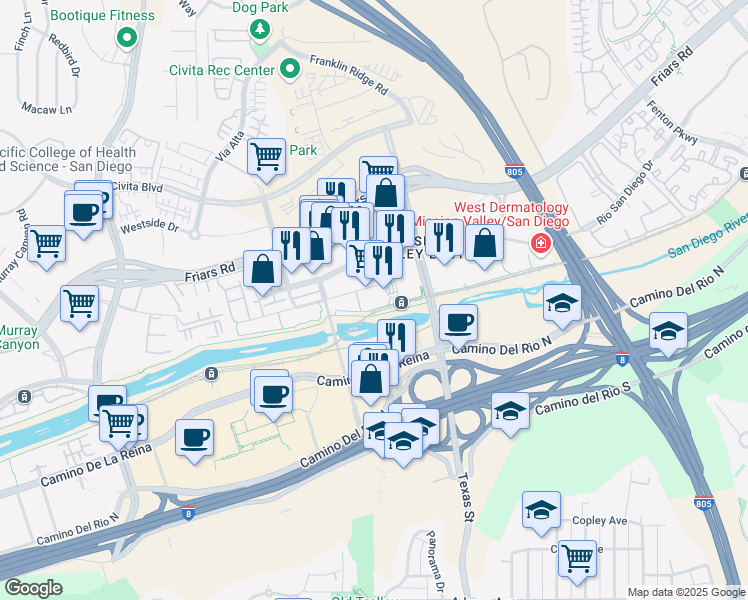 map of restaurants, bars, coffee shops, grocery stores, and more near 2655 Everly Drive in San Diego