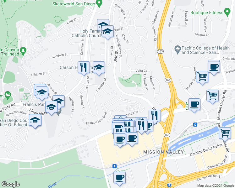 map of restaurants, bars, coffee shops, grocery stores, and more near 7039 Camino Pacheco in San Diego