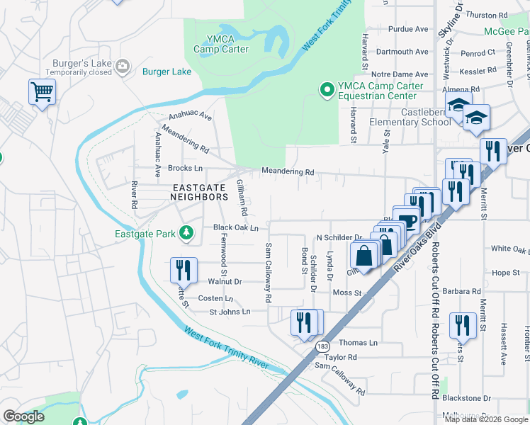 map of restaurants, bars, coffee shops, grocery stores, and more near 6000 Black Oak Lane in River Oaks