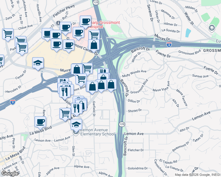 map of restaurants, bars, coffee shops, grocery stores, and more near 5245 Wood Street in La Mesa