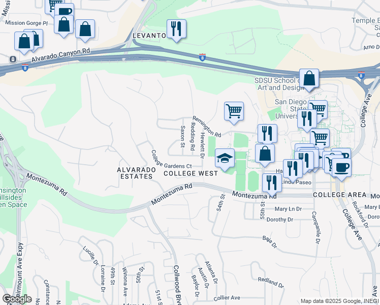 map of restaurants, bars, coffee shops, grocery stores, and more near 5265 Manhasset Drive in San Diego