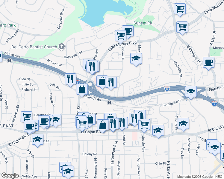 map of restaurants, bars, coffee shops, grocery stores, and more near 7200 Parkway Drive in La Mesa