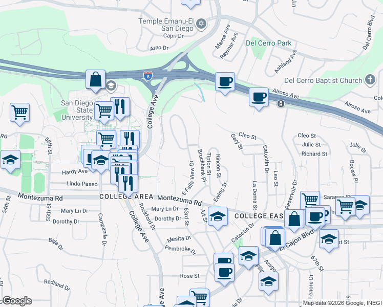 map of restaurants, bars, coffee shops, grocery stores, and more near 5236 East Falls View Drive in San Diego
