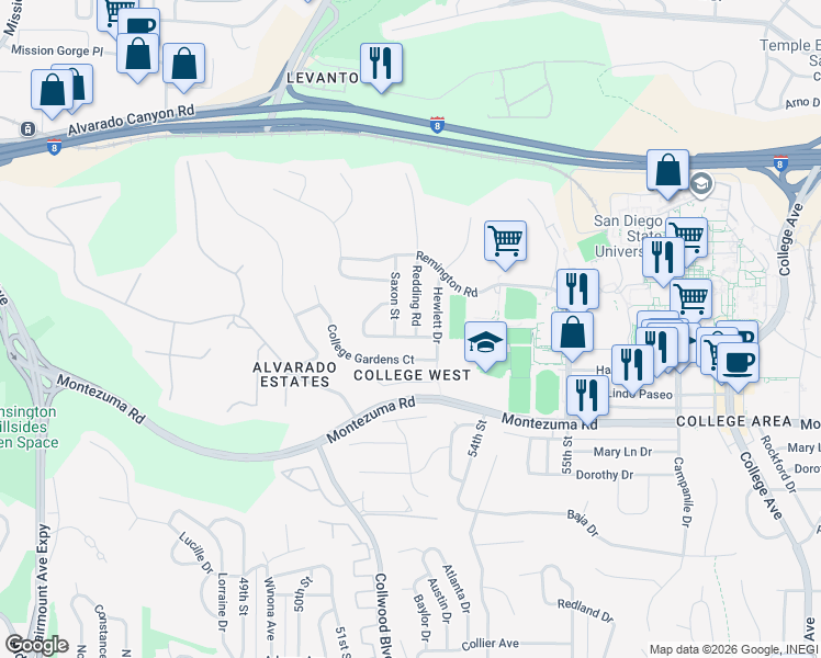 map of restaurants, bars, coffee shops, grocery stores, and more near 5265 Manhasset Drive in San Diego