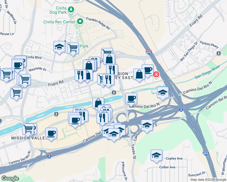 map of restaurants, bars, coffee shops, grocery stores, and more near 8233 Station Village Way in San Diego