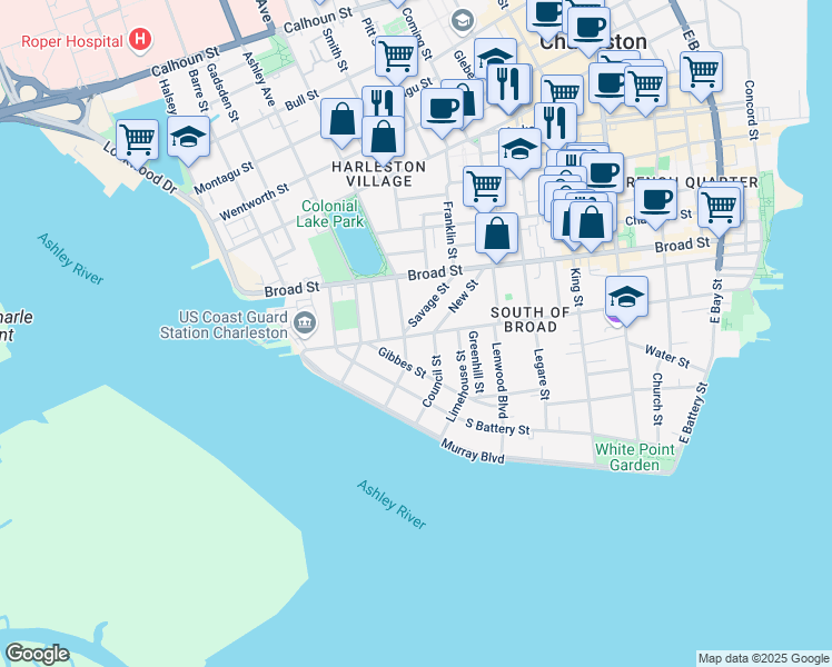map of restaurants, bars, coffee shops, grocery stores, and more near 175 Tradd Street in Charleston