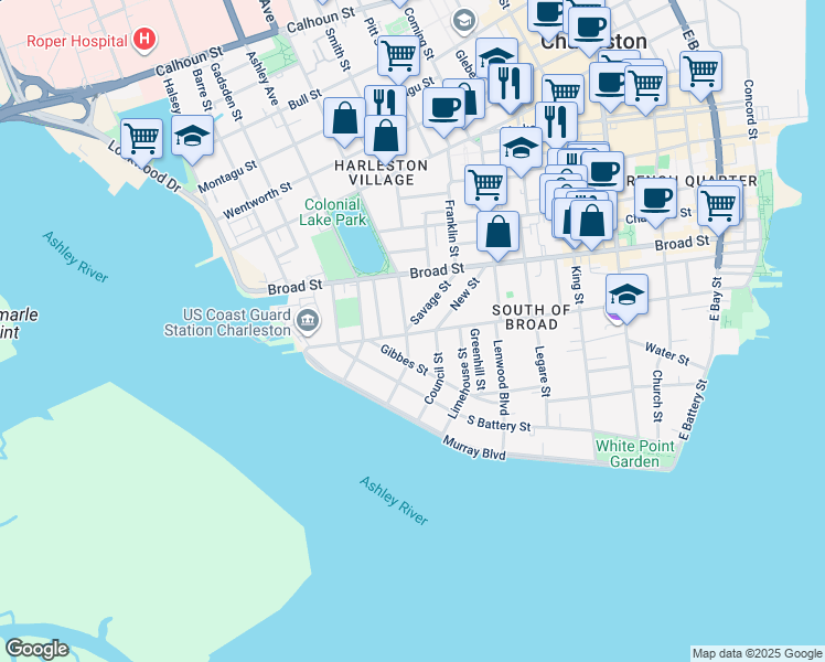 map of restaurants, bars, coffee shops, grocery stores, and more near 175 Tradd Street in Charleston