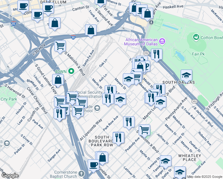 map of restaurants, bars, coffee shops, grocery stores, and more near 2606 Merlin Street in Dallas