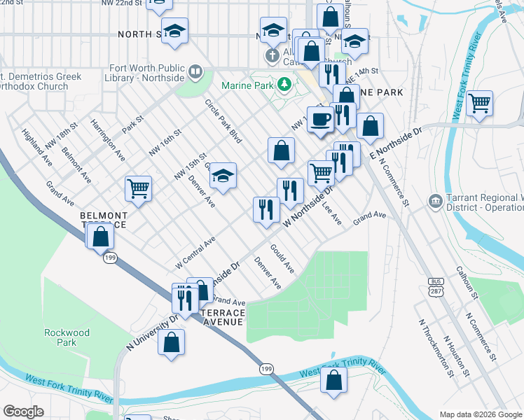 map of restaurants, bars, coffee shops, grocery stores, and more near in Tarrant County