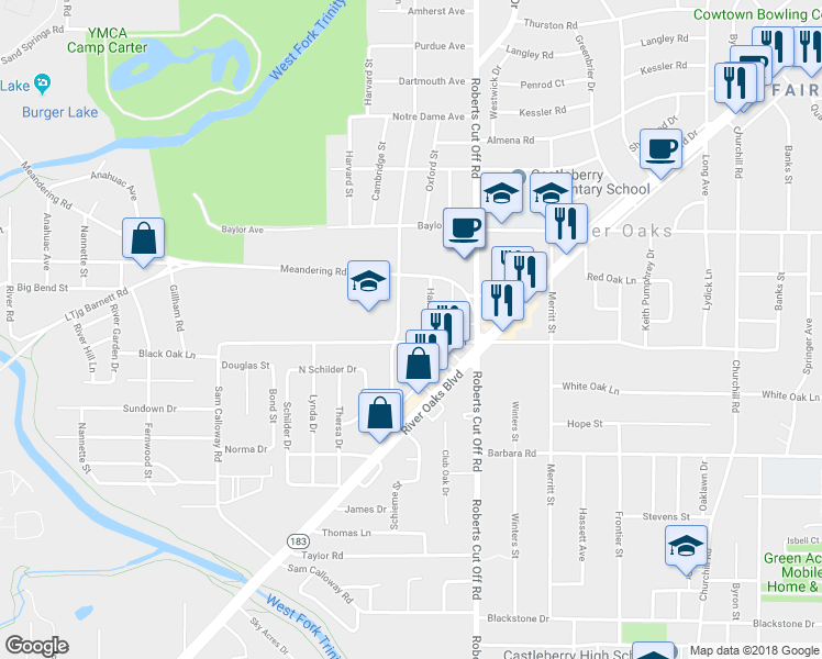 map of restaurants, bars, coffee shops, grocery stores, and more near 5408 Black Oak Lane in River Oaks