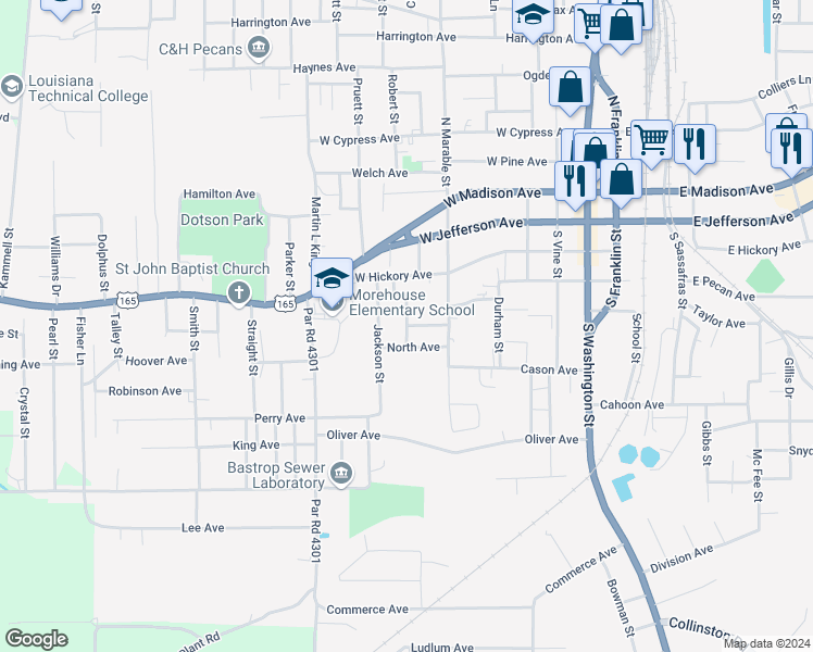 map of restaurants, bars, coffee shops, grocery stores, and more near 401 Wright Street in Bastrop
