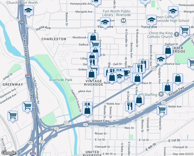 map of restaurants, bars, coffee shops, grocery stores, and more near 710 North Sylvania Avenue in Fort Worth