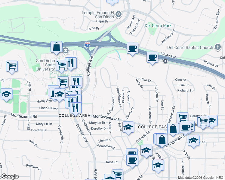 map of restaurants, bars, coffee shops, grocery stores, and more near 5236 East Falls View Drive in San Diego