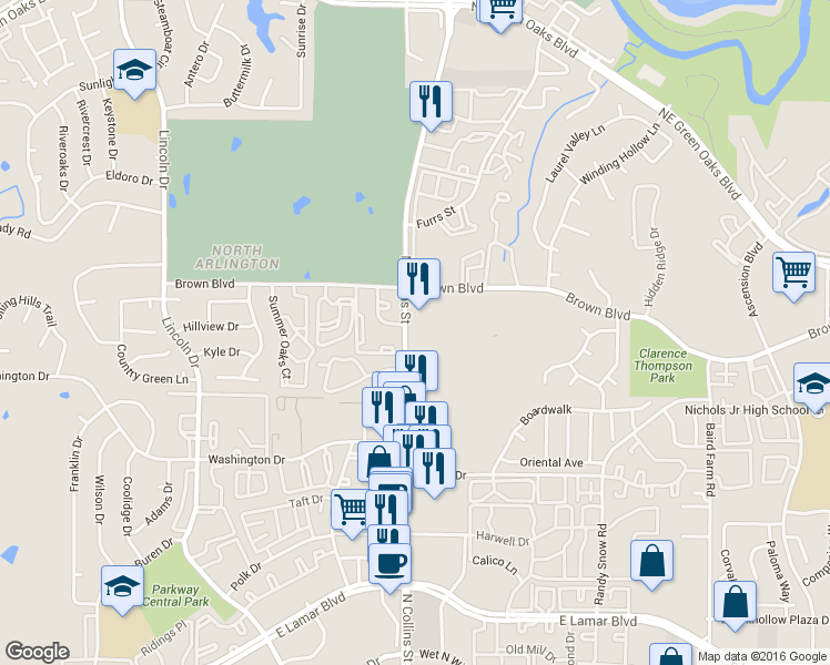 map of restaurants, bars, coffee shops, grocery stores, and more near 2361 N Collins St in Arlington