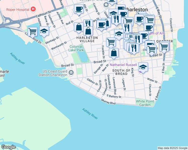 map of restaurants, bars, coffee shops, grocery stores, and more near 2 Savage Street in Charleston