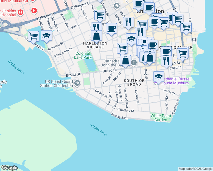map of restaurants, bars, coffee shops, grocery stores, and more near 8 Council Street in Charleston