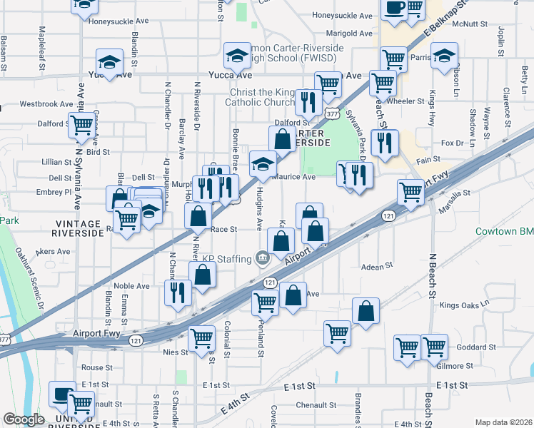 map of restaurants, bars, coffee shops, grocery stores, and more near 700 Hudgins Avenue in Fort Worth