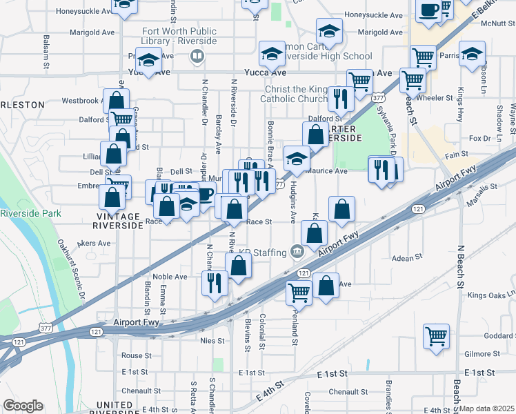 map of restaurants, bars, coffee shops, grocery stores, and more near 3218 East Belknap Street in Fort Worth