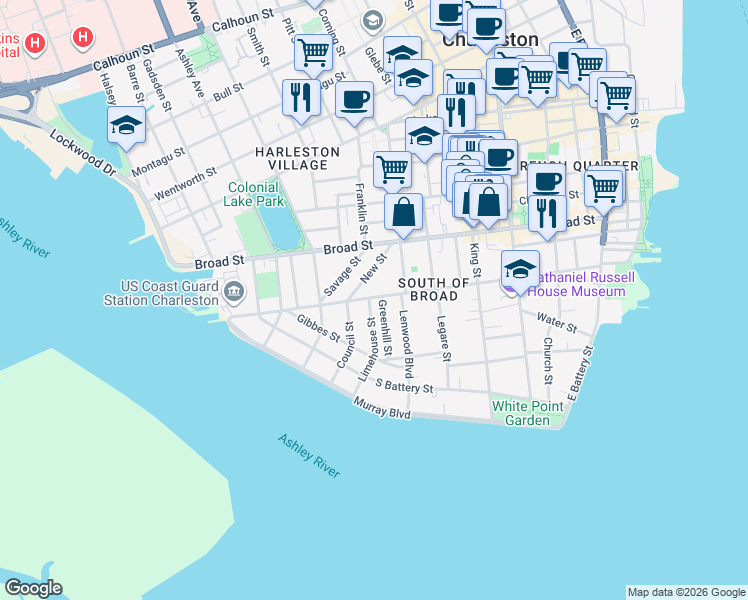 map of restaurants, bars, coffee shops, grocery stores, and more near 153 Tradd Street in Charleston