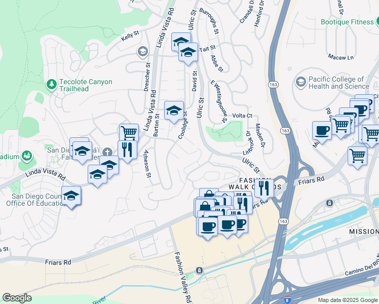 map of restaurants, bars, coffee shops, grocery stores, and more near 6972 Glidden Street in San Diego