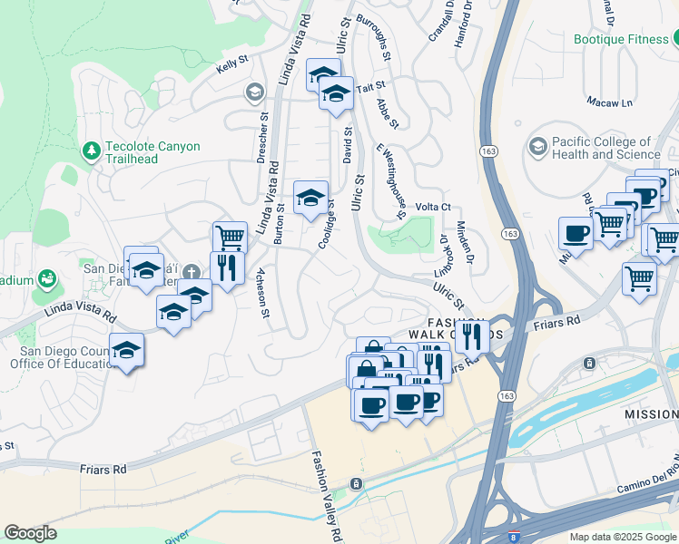 map of restaurants, bars, coffee shops, grocery stores, and more near 6972 Glidden Street in San Diego