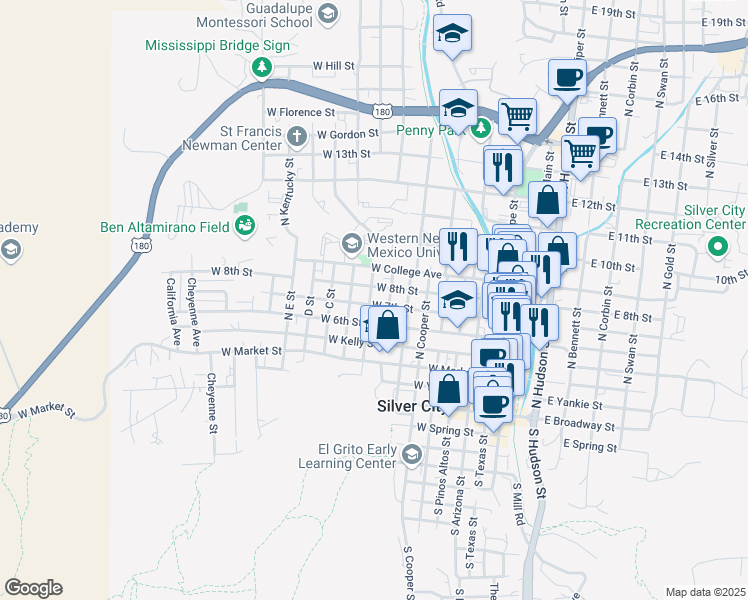 map of restaurants, bars, coffee shops, grocery stores, and more near 608 North A Street in Silver City