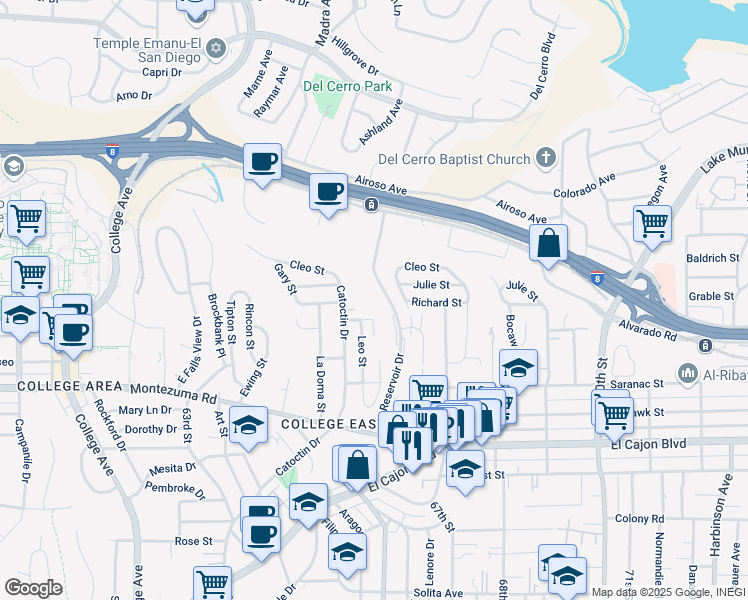 map of restaurants, bars, coffee shops, grocery stores, and more near 6544 Roxy Lane in San Diego