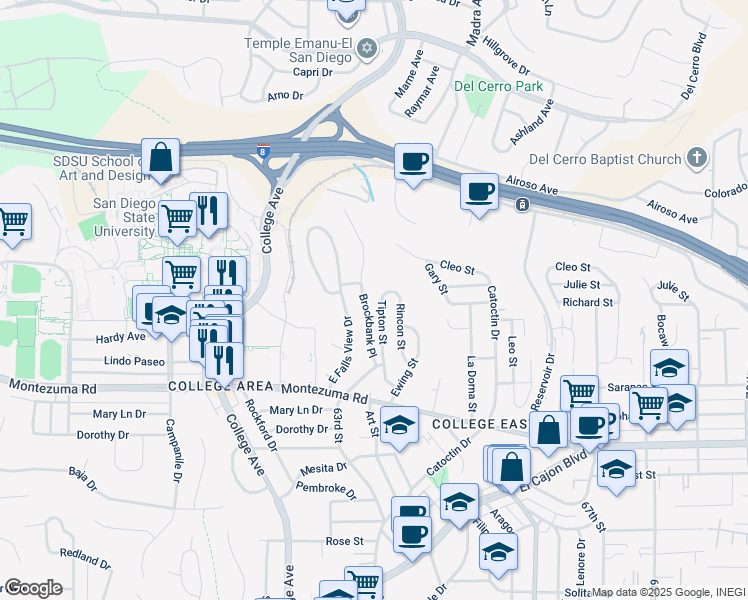 map of restaurants, bars, coffee shops, grocery stores, and more near 5230 Tipton Street in San Diego