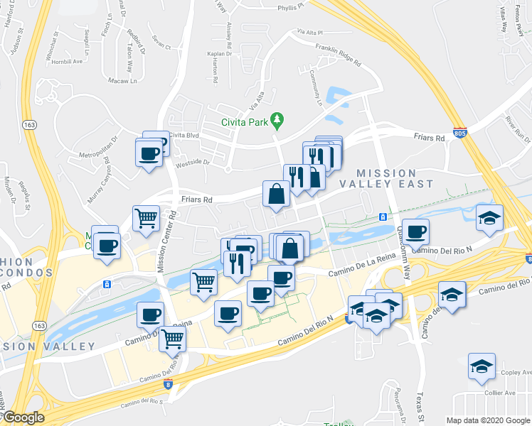 map of restaurants, bars, coffee shops, grocery stores, and more near 8222 Station Village Lane in San Diego