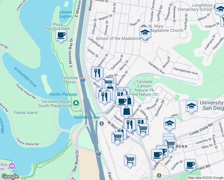 map of restaurants, bars, coffee shops, grocery stores, and more near 1411 Morena Boulevard in San Diego