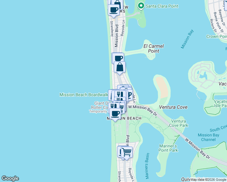 map of restaurants, bars, coffee shops, grocery stores, and more near 3265 Ocean Front Walk in San Diego