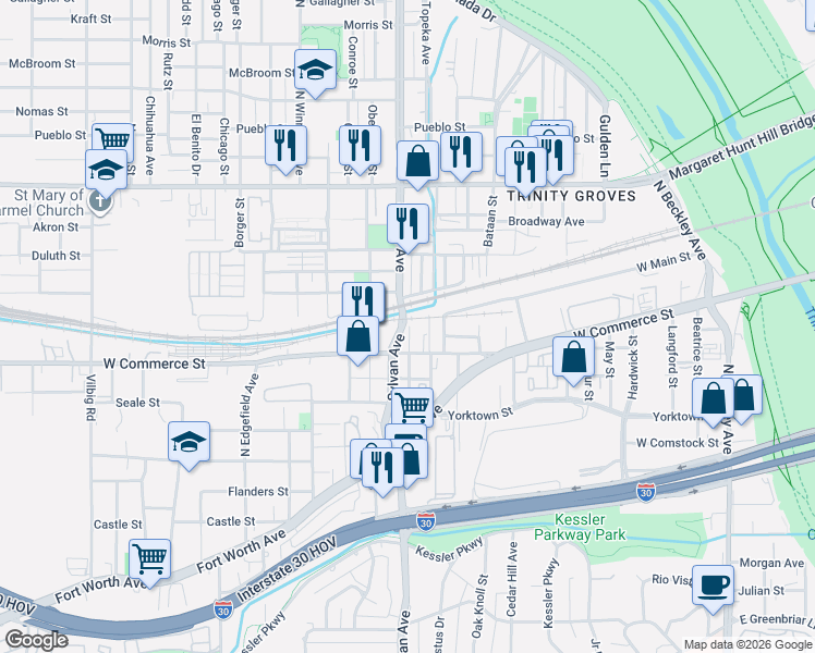 map of restaurants, bars, coffee shops, grocery stores, and more near in Dallas