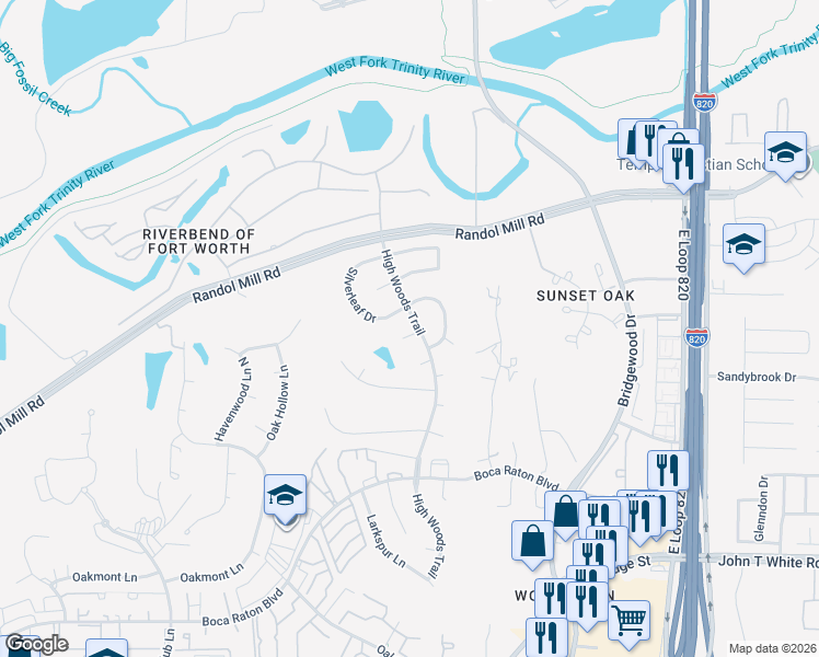map of restaurants, bars, coffee shops, grocery stores, and more near 6154 Indigo Court in Fort Worth