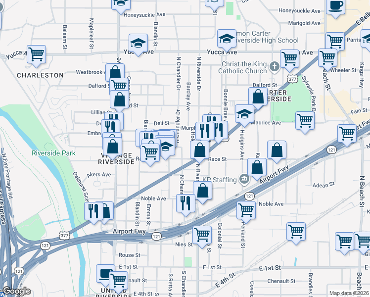 map of restaurants, bars, coffee shops, grocery stores, and more near 3021 Race Street in Fort Worth
