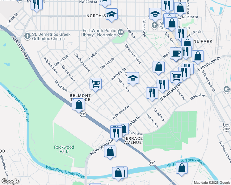 map of restaurants, bars, coffee shops, grocery stores, and more near 1500 Harrington Avenue in Fort Worth